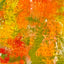 Abstract textured painting with layered brush and palette-knife strokes in orange, yellow, and green.