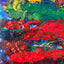 Abstract textured painting with layered brush and palette-knife strokes in red, green, blue, purple, yellow, and brown.