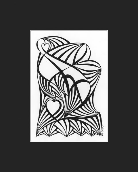 Black and white abstract pen‑and‑ink drawing with optical‑illusion shapes, featuring hearts; matted in black.