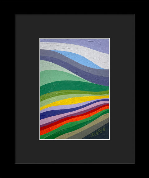 Abstract landscape painting with layered, wavy horizontal bands in purples, blue, greens, yellow, red, orange, brown and gray tones, signed 'DARIN' in the lower right; shown matted and framed in black.