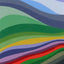 Abstract landscape painting with layered, wavy horizontal bands in purples, blue, greens, yellow, red, orange, brown and gray tones, signed 'DARIN' in the lower right.