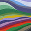 Abstract landscape painting with layered, wavy horizontal bands in purples, blue, greens, yellow, red, orange, brown and gray tones, signed 'DARIN' in the lower right.
