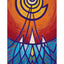 A vibrant abstract painting design of purple lines, featuring a spiral sun motif in white, yellow and orange against an orange-red sky, with blue geometric water-like patterns below, signed 'Darin' in bottom-left, with a white border.