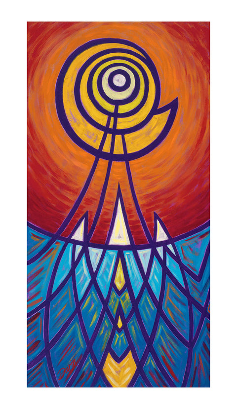 A vibrant abstract painting design of purple lines, featuring a spiral sun motif in white, yellow and orange against an orange-red sky, with blue geometric water-like patterns below, signed 'Darin' in bottom-left, with a white border.