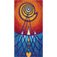 A vibrant abstract painting design of purple lines, featuring a spiral sun motif in white, yellow and orange against an orange-red sky, with blue geometric water-like patterns below, signed 'Darin' in bottom-left, with a white border.