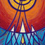 A vibrant abstract painting design of purple lines, featuring a spiral sun motif in white, yellow and orange against an orange-red sky, with blue geometric water-like patterns below, signed 'Darin' in bottom-left.