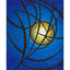 Abstract geometric painting featuring intersecting dark brown curved lines over a textured blue background with a central glowing white yellow orb with a white core; signed 'Darin' in the bottom-right, with a white border.