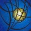 Abstract geometric painting featuring intersecting dark brown curved lines over a textured blue background with a central glowing white yellow orb with a white core; signed 'Darin' in the bottom-right.