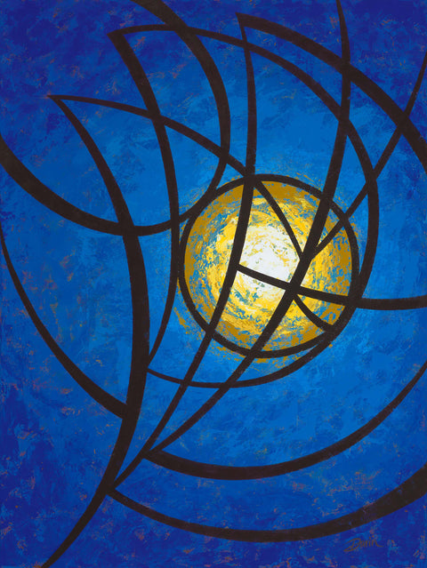 Abstract geometric painting featuring intersecting dark brown curved lines over a textured blue background with a central glowing white yellow orb with a white core; signed 'Darin' in the bottom-right.