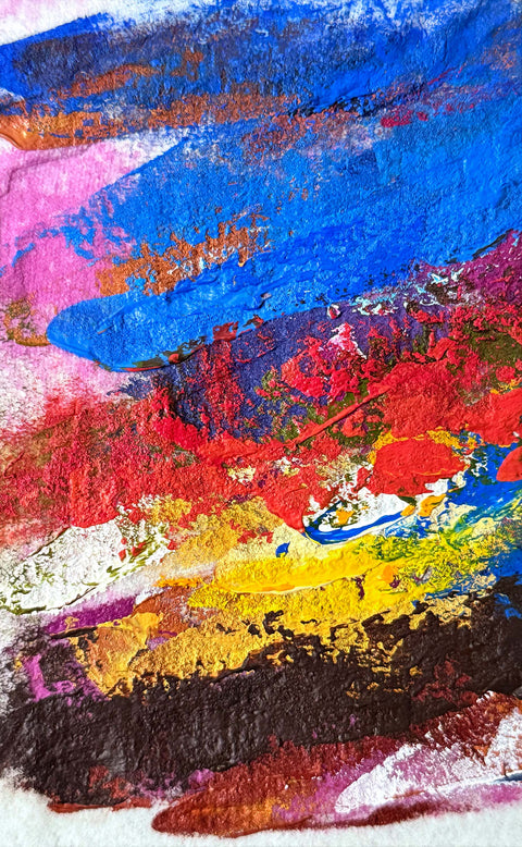 Abstract textured painting with layered brush and palette-knife strokes in blue, red, pink, yellow, brown, and white.