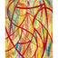 An abstract painting featuring bold, sweeping red lines overlaid on a textured background of yellow, green, orange, purple, and blue brushstrokes, signed 'Darin' in green in the bottom-left corner, with a white border.