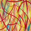An abstract painting featuring bold, sweeping red lines overlaid on a textured background of yellow, green, orange, purple, and blue brushstrokes, signed 'Darin' in green in the bottom-left corner.