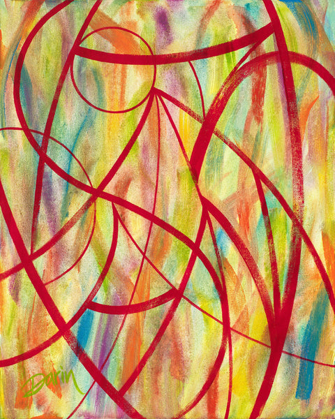 An abstract painting featuring bold, sweeping red lines overlaid on a textured background of yellow, green, orange, purple, and blue brushstrokes, signed 'Darin' in green in the bottom-left corner.