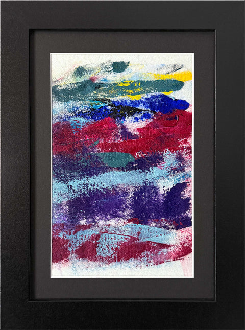 Abstract textured painting with layered brush and palette-knife strokes in blue, purple, red, teal, yellow, and white on a white background; matted and framed in black.