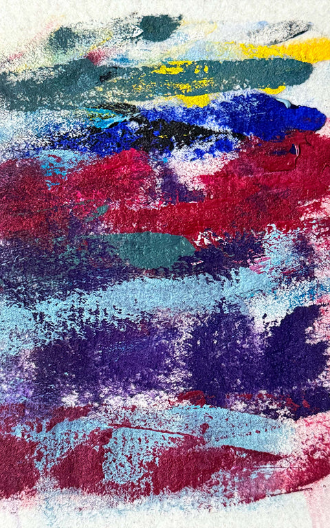 Abstract textured painting with layered brush and palette-knife strokes in blue, purple, red, teal, yellow, and white on a white background.