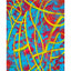 Abstract geometric painting featuring bold yellow lines layered over a bright cyan blue, orange, red background with subtle green shadow accents, signed 'Darin' in lower left corner, with a white border.