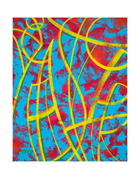 Abstract geometric painting featuring bold yellow lines layered over a bright cyan blue, orange, red background with subtle green shadow accents, signed 'Darin' in lower left corner, with a white border.