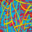 Abstract geometric painting featuring bold yellow lines layered over a bright cyan blue, orange, red background with subtle green shadow accents, signed 'Darin' in lower left corner.