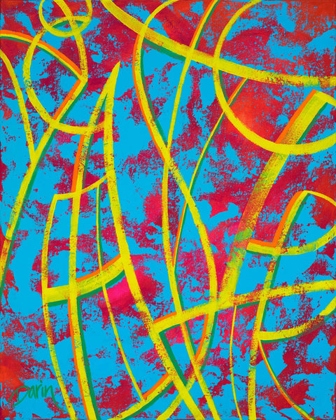 Abstract geometric painting featuring bold yellow lines layered over a bright cyan blue, orange, red background with subtle green shadow accents, signed 'Darin' in lower left corner.