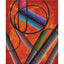 Abstract geometric painting featuring bold black lines, overlapping circles, and diagonal stripes in blue, purple, green, gray, and orange on a textured orange-red background, signed 'Darin' in pink in the lower left, with a white border.