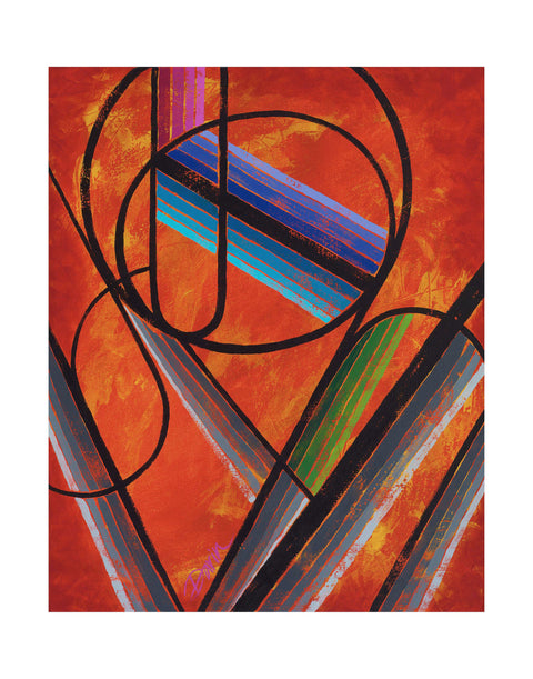 Abstract geometric painting featuring bold black lines, overlapping circles, and diagonal stripes in blue, purple, green, gray, and orange on a textured orange-red background, signed 'Darin' in pink in the lower left, with a white border.