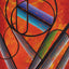 Abstract geometric painting featuring bold black lines, overlapping circles, and diagonal stripes in blue, purple, green, gray, and orange on a textured orange-red background, signed 'Darin' in pink in the lower left.