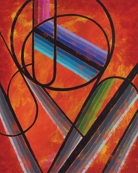 Abstract geometric painting featuring bold black lines, overlapping circles, and diagonal stripes in blue, purple, green, gray, and orange on a textured orange-red background, signed 'Darin' in pink in the lower left.