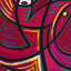 Abstract colorful painting with bold black curvilinear linework forming geometric shapes in red, pink, purple, yellow, teal, and white, signed 'Darin' in the lower right corner.