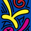 Abstract pop art print featuring bold, cartoon-like organic shapes in yellow, magenta, and red outlined in black on a bright blue background, of the artwork: Keith Haring.