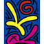 A colorful abstract art print featuring bold, cartoon-like organic shapes in yellow, magenta, and red with black outlines on a bright blue background of the artwork: Keith Haring, with a white border. The artist signature 'DARIN' is visible on the right side.