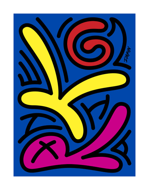 A colorful abstract art print featuring bold, cartoon-like organic shapes in yellow, magenta, and red with black outlines on a bright blue background of the artwork: Keith Haring, with a white border. The artist signature 'DARIN' is visible on the right side.