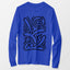 A royal blue long-sleeve t-shirt with a black abstract line art graphic printed on the front of the artwork 'Keith Haring.'