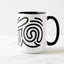 White ceramic coffee mug with a black handle and black interior, featuring a wrap‑around print of the Obscuratype™ artwork titled ‘Keith Haring.’