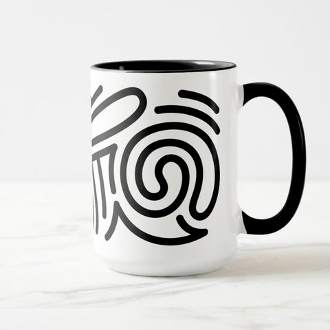 White ceramic coffee mug with a black handle and black interior, featuring a wrap‑around print of the Obscuratype™ artwork titled ‘Keith Haring.’