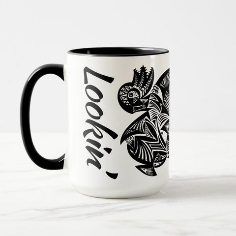 White ceramic coffee mug with a black handle and black interior, featuring a wrap‑around print of the artwork titled “Lookin’ Shark.“