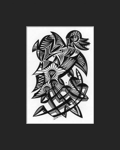 Black and white surreal pen‑and‑ink illustration with symbolic and geometric elements, featuring stairs, a shark, other creatures, and face with a beauty mark; matted in black.