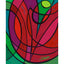 Geometric design painting of an abstract flower or heart shape with bold curvilinear lines in black and filled in reds, pink, and purples, surrounded with greens and turquoise, with a green signature 'Darin' in the lower right, with a white border.