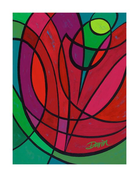 Geometric design painting of an abstract flower or heart shape with bold curvilinear lines in black and filled in reds, pink, and purples, surrounded with greens and turquoise, with a green signature 'Darin' in the lower right, with a white border.
