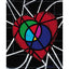 A colorful abstract heart-shaped artwork on a black tile background with white curved lines radiating outward. The heart contains red, green, blue, purple, and pink circular sections outlined in black; signed 'DARIN' in bottom-right, with a white border.