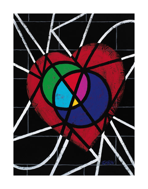 A colorful abstract heart-shaped artwork on a black tile background with white curved lines radiating outward. The heart contains red, green, blue, purple, and pink circular sections outlined in black; signed 'DARIN' in bottom-right, with a white border.