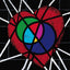 A colorful abstract heart-shaped artwork on a black tile background with white curved lines radiating outward. The heart contains red, green, blue, purple, and pink circular sections outlined in black; signed 'DARIN' in bottom-right.