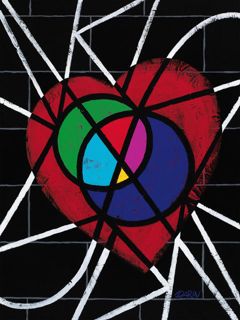 A colorful abstract heart-shaped artwork on a black tile background with white curved lines radiating outward. The heart contains red, green, blue, purple, and pink circular sections outlined in black; signed 'DARIN' in bottom-right.