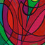 Geometric design painting of an abstract flower or heart shape with bold curvilinear lines in black and filled in reds, pink, and purples, surrounded with greens and turquoise, with a green signature 'Darin' in the lower right.