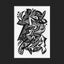 Black and white surreal pen‑and‑ink illustration with symbolic and geometric elements, featuring faces, fish, birds, an eye on fire, spaceship, pac-man-like characters eating pellets, and bubbles; matted in black.