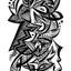 Black and white surreal pen‑and‑ink illustration with symbolic and geometric elements, featuring faces, fish, birds, an eye on fire, spaceship, pac-man-like characters eating pellets, and bubbles.
