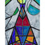 Abstract stained-glass-style painting with geometric shapes in red, blue, green, yellow, and purple outlined in black on a textured metallic silver background, signed 'Darin' in the lower right, with a white border.