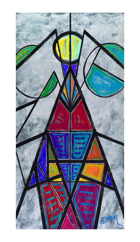 Abstract stained-glass-style painting with geometric shapes in red, blue, green, yellow, and purple outlined in black on a textured metallic silver background, signed 'Darin' in the lower right, with a white border.