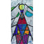 Abstract stained-glass-style painting with geometric shapes in red, blue, green, yellow, and purple outlined in black on a textured metallic silver background, signed 'Darin' in the lower right, with a white border.