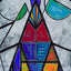 Abstract stained-glass-style painting with geometric shapes in red, blue, green, yellow, and purple outlined in black on a textured metallic silver background, signed 'Darin' in the lower right.