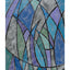 Abstract geometric stained-glass style painting featuring overlapping curved and angular shapes in shades of blue, purple, and teal, outlined with black lines on a metallic silver background; signed 'Darin' in the bottom-right, with a white border.